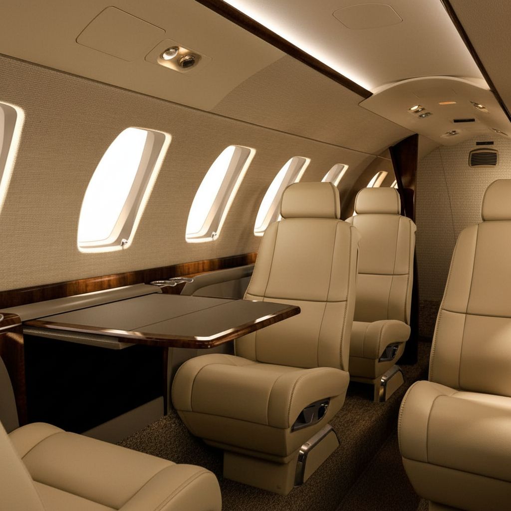 Citation V Ultra cabin with grey leather club seating and pecan cabinetry